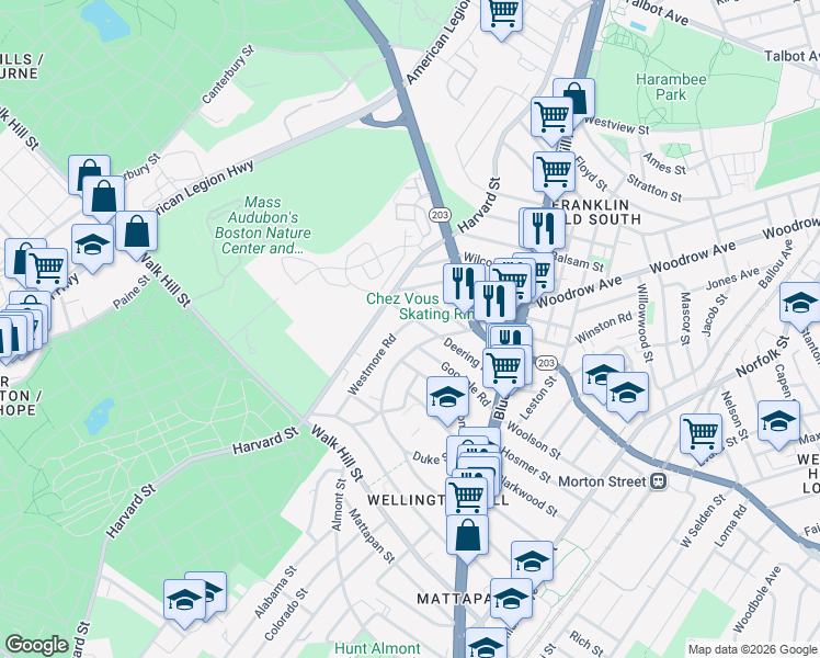 map of restaurants, bars, coffee shops, grocery stores, and more near 4 Westmore Road in Boston