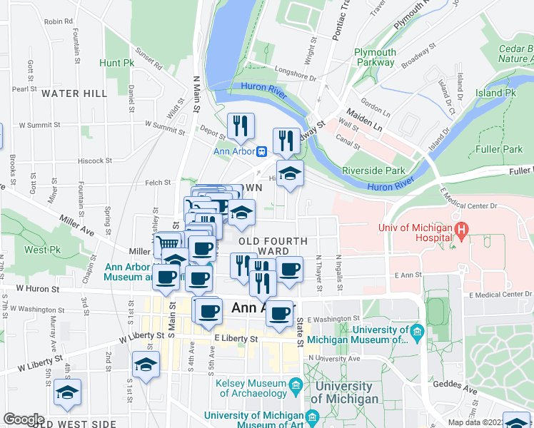 map of restaurants, bars, coffee shops, grocery stores, and more near 413 East Kingsley Street in Ann Arbor