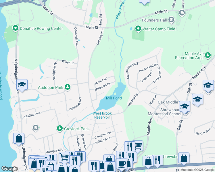 map of restaurants, bars, coffee shops, grocery stores, and more near 30 Millwood Drive in Shrewsbury