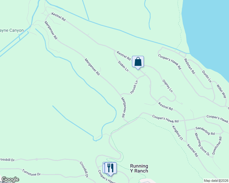 map of restaurants, bars, coffee shops, grocery stores, and more near 11218 Merganser Road in Klamath Falls