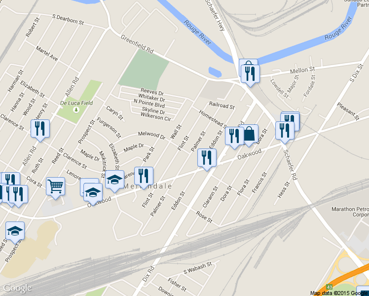 map of restaurants, bars, coffee shops, grocery stores, and more near 17380 Flint St in Melvindale