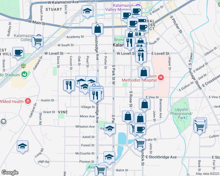map of restaurants, bars, coffee shops, grocery stores, and more near 411 West Dutton Street in Kalamazoo