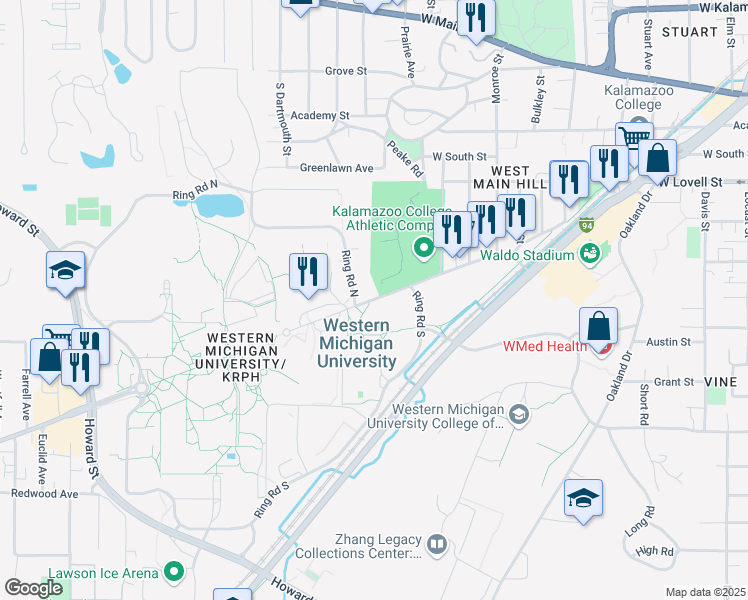 map of restaurants, bars, coffee shops, grocery stores, and more near 1815 West Michigan Avenue in Kalamazoo