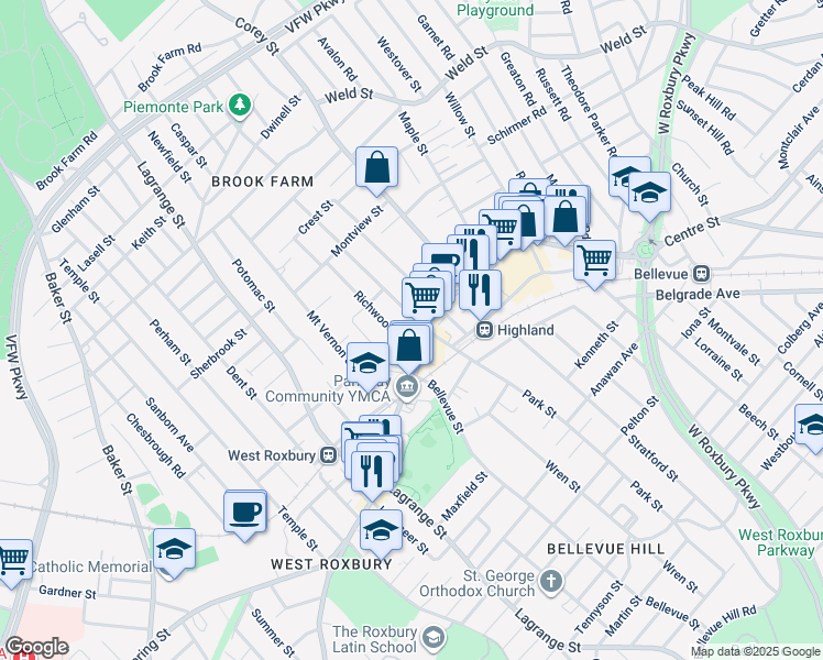 map of restaurants, bars, coffee shops, grocery stores, and more near 1911 Centre Street in Boston