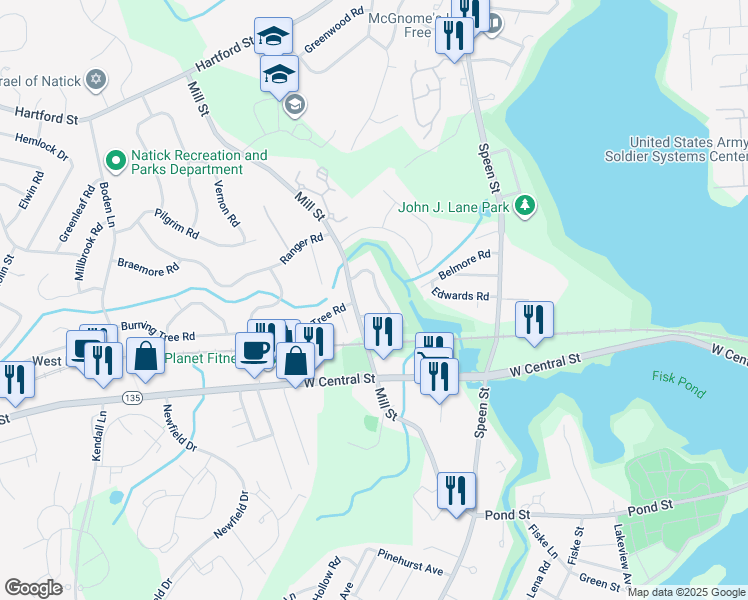 map of restaurants, bars, coffee shops, grocery stores, and more near 10 Westfield Road in Natick