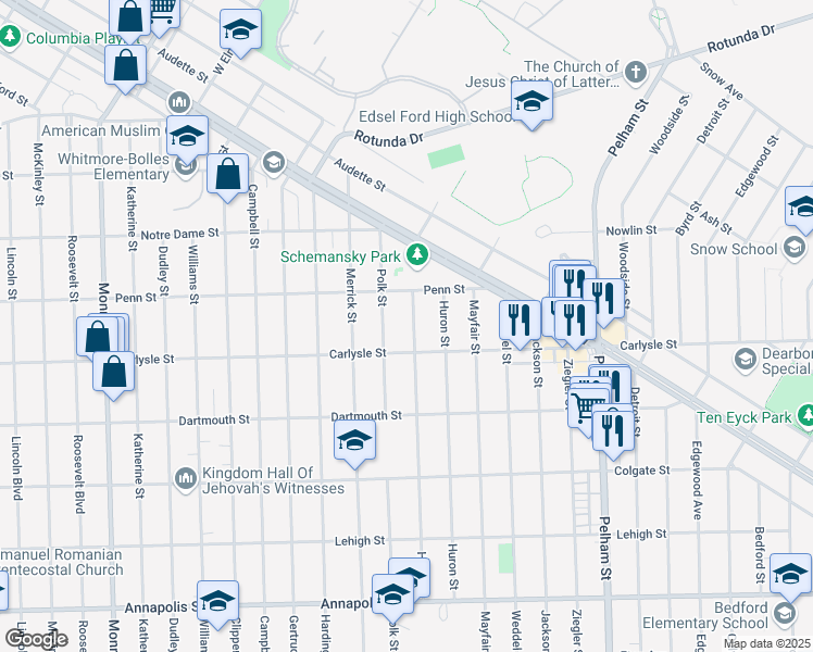 map of restaurants, bars, coffee shops, grocery stores, and more near 3614 Hipp Street in Dearborn