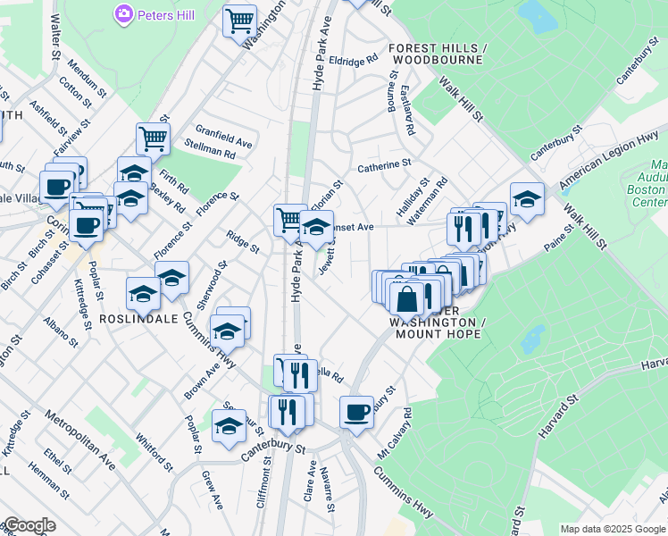 map of restaurants, bars, coffee shops, grocery stores, and more near 33 Sammett Avenue in Boston