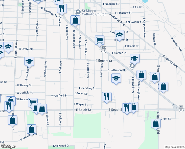 map of restaurants, bars, coffee shops, grocery stores, and more near 1420 South High Avenue in Freeport