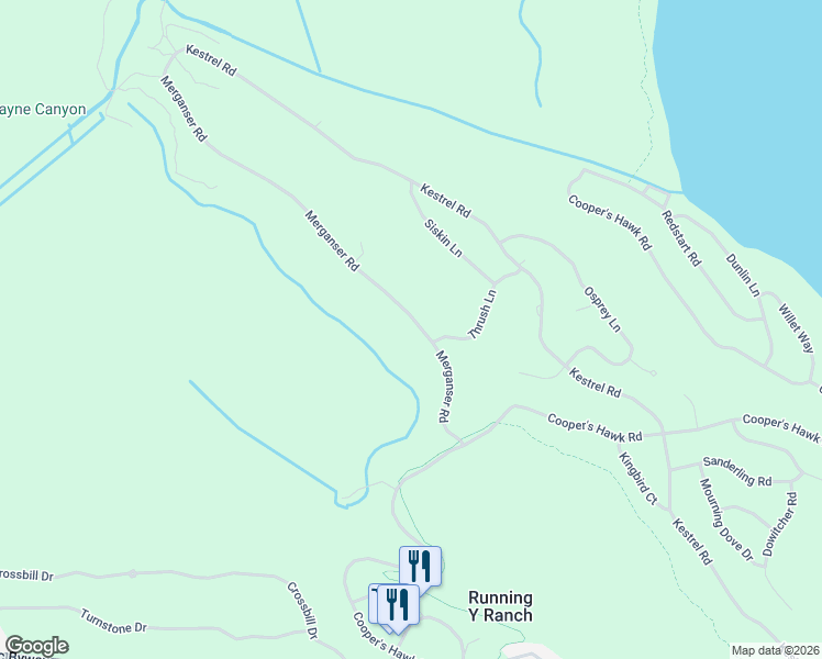 map of restaurants, bars, coffee shops, grocery stores, and more near 11218 Merganser Road in Klamath Falls