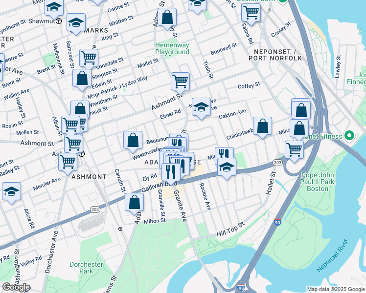 map of restaurants, bars, coffee shops, grocery stores, and more near 722 Adams Street in Boston