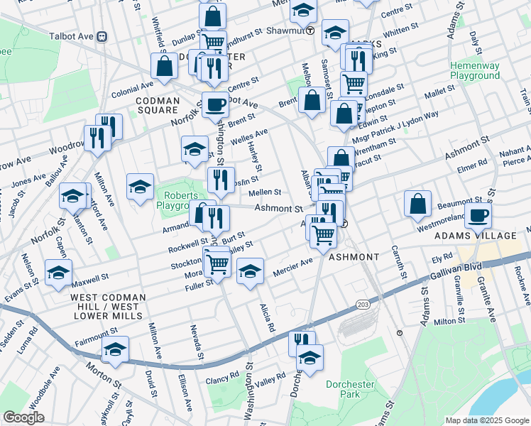 map of restaurants, bars, coffee shops, grocery stores, and more near 37 Ashmont Street in Boston