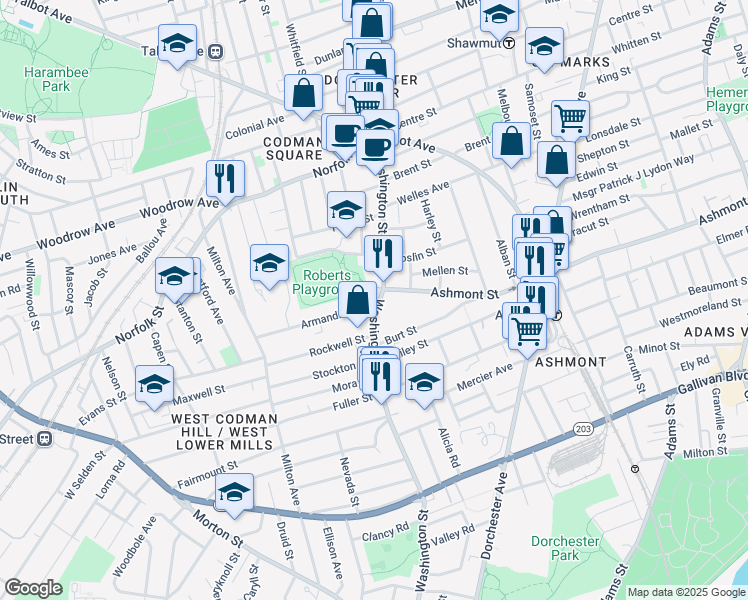 map of restaurants, bars, coffee shops, grocery stores, and more near 757 Washington Street in Boston