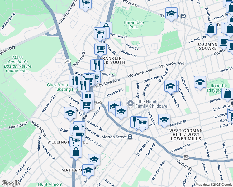map of restaurants, bars, coffee shops, grocery stores, and more near 46 Winston Road in Boston