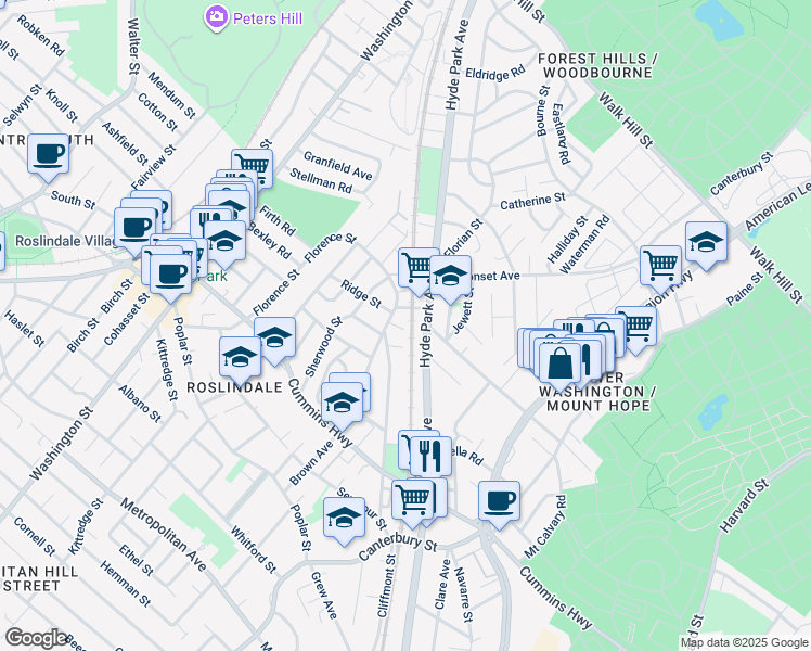 map of restaurants, bars, coffee shops, grocery stores, and more near 443 Hyde Park Avenue in Boston
