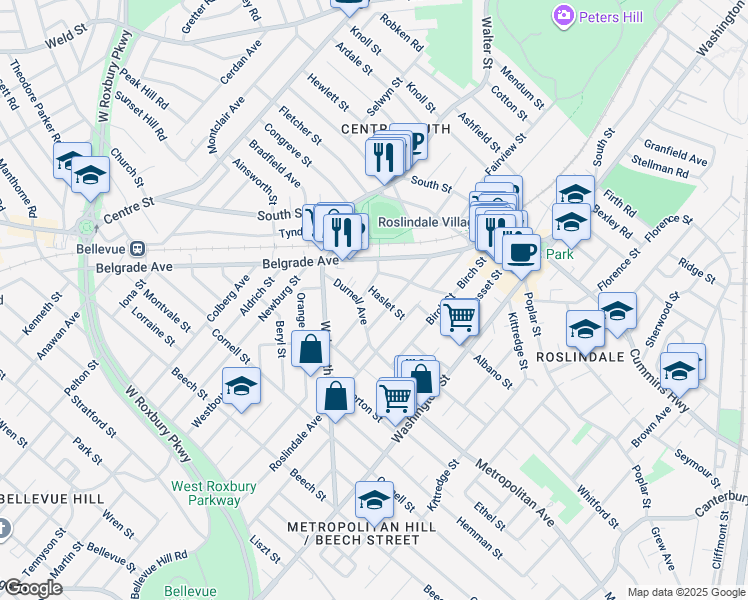 map of restaurants, bars, coffee shops, grocery stores, and more near 86 Durnell Avenue in Boston