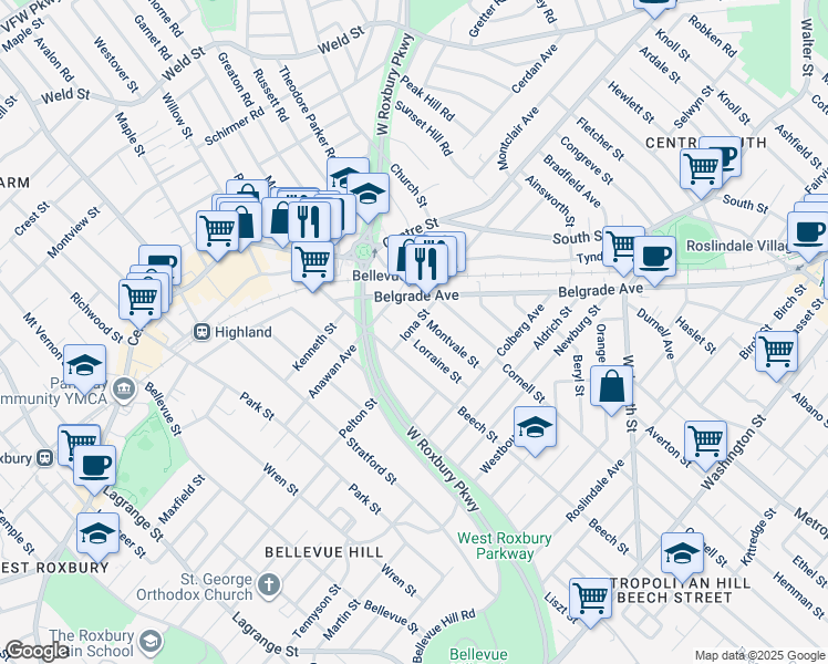 map of restaurants, bars, coffee shops, grocery stores, and more near 31 Iona Street in Boston