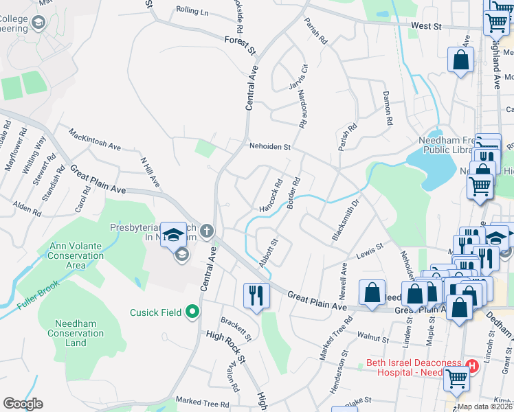 map of restaurants, bars, coffee shops, grocery stores, and more near 87 Hancock Road in Needham
