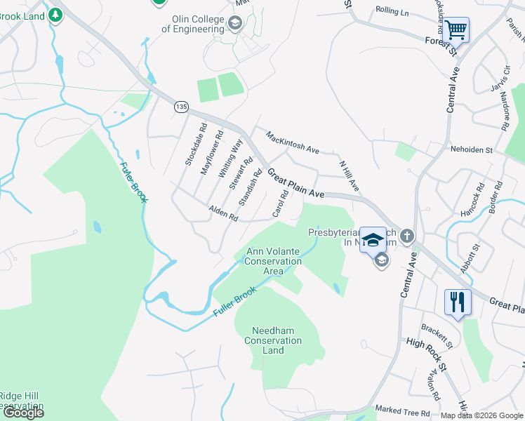 map of restaurants, bars, coffee shops, grocery stores, and more near 30 Brewster Drive in Needham