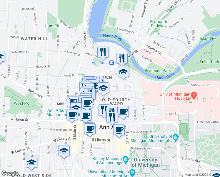 map of restaurants, bars, coffee shops, grocery stores, and more near 407 East Kingsley Street in Ann Arbor