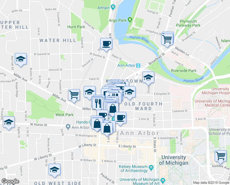 map of restaurants, bars, coffee shops, grocery stores, and more near 211 East Kingsley Street in Ann Arbor