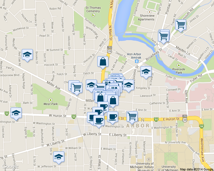 map of restaurants, bars, coffee shops, grocery stores, and more near 500 North Main Street in Ann Arbor