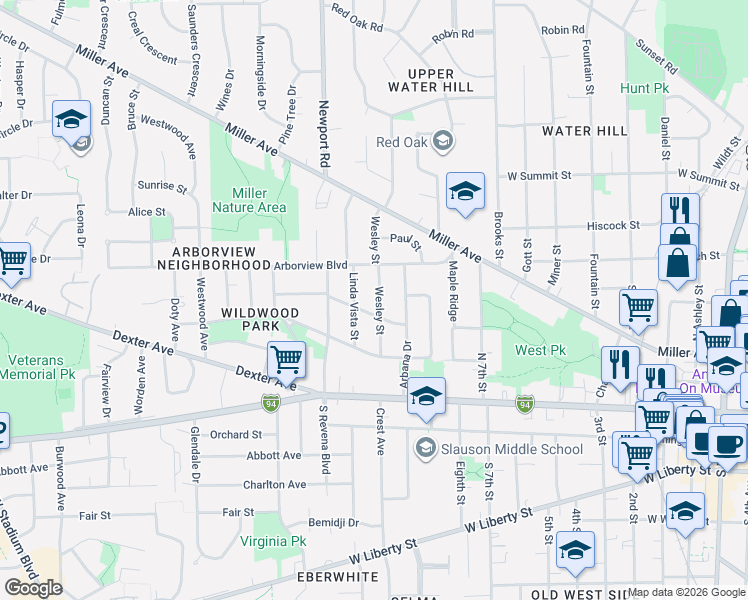 map of restaurants, bars, coffee shops, grocery stores, and more near 406 Wesley Street in Ann Arbor