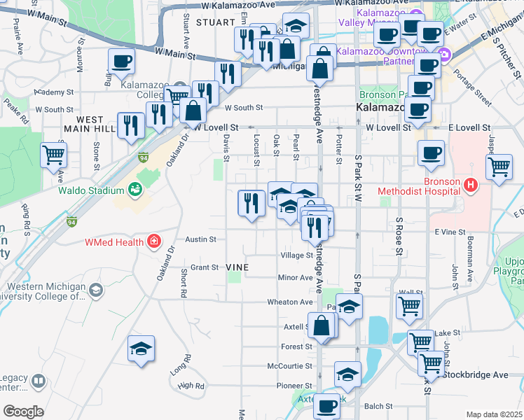map of restaurants, bars, coffee shops, grocery stores, and more near 635 Locust Street in Kalamazoo