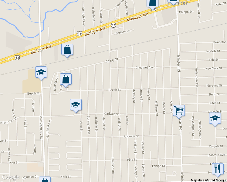 map of restaurants, bars, coffee shops, grocery stores, and more near 3509 Harrison Street in Inkster