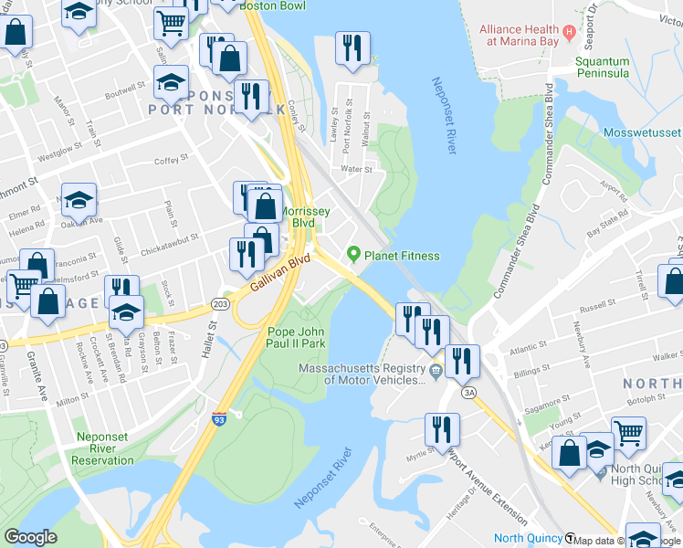 map of restaurants, bars, coffee shops, grocery stores, and more near 7 Hancock Street in Quincy