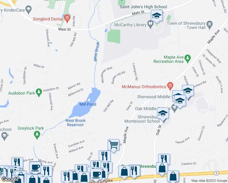map of restaurants, bars, coffee shops, grocery stores, and more near 6 Bunker Hill Road in Shrewsbury