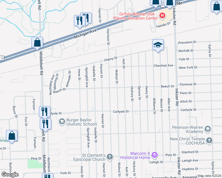 map of restaurants, bars, coffee shops, grocery stores, and more near 3509 Harrison Street in Inkster