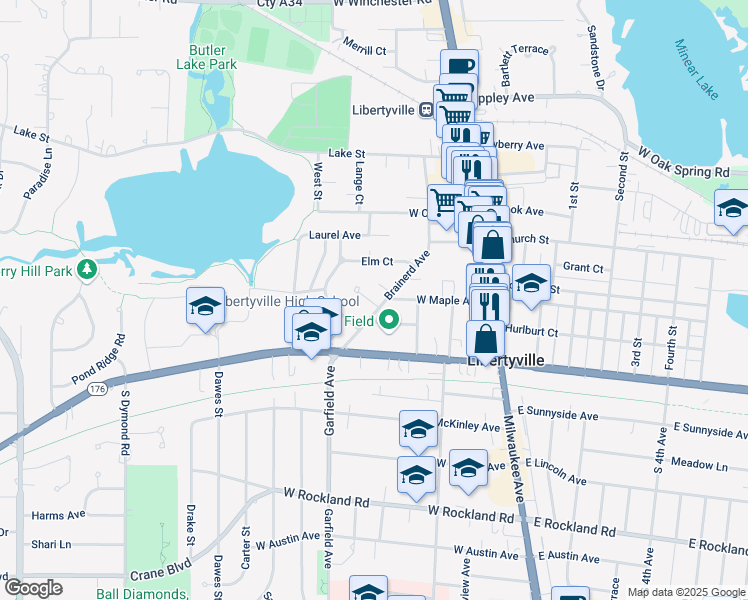 map of restaurants, bars, coffee shops, grocery stores, and more near 303 Brainerd Avenue in Libertyville