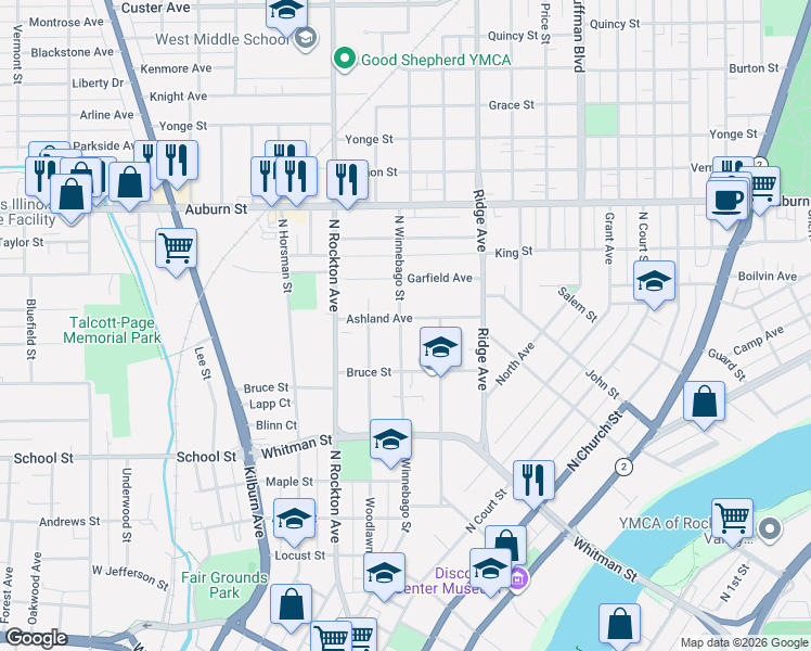 map of restaurants, bars, coffee shops, grocery stores, and more near 730 Ashland Avenue in Rockford