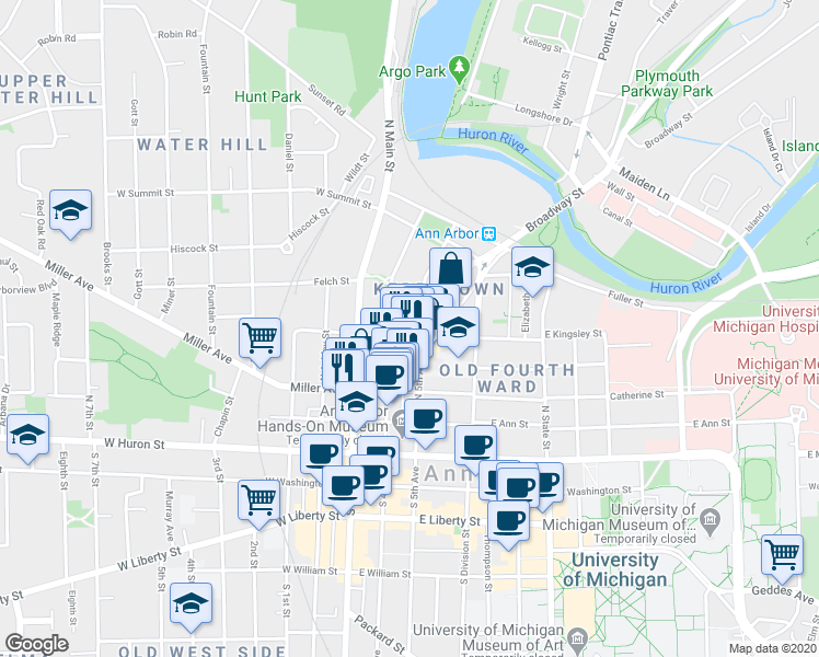 map of restaurants, bars, coffee shops, grocery stores, and more near 215 East Kingsley Street in Ann Arbor