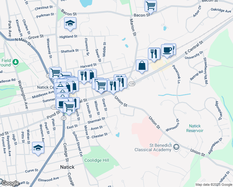map of restaurants, bars, coffee shops, grocery stores, and more near 69 East Central Street in Natick