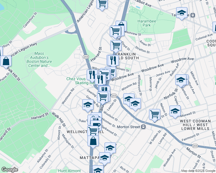 map of restaurants, bars, coffee shops, grocery stores, and more near 1152 Blue Hill Avenue in Boston