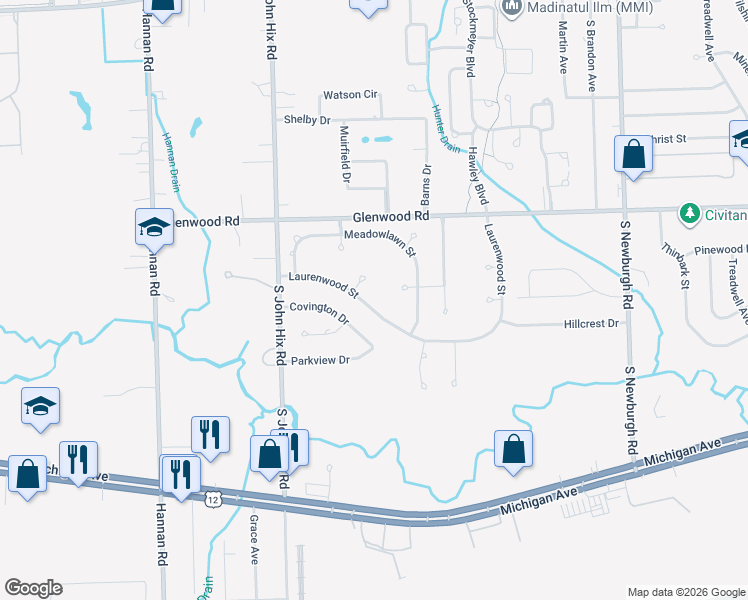map of restaurants, bars, coffee shops, grocery stores, and more near 38614 Laurenwood Street in Wayne