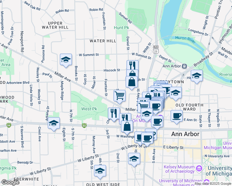 map of restaurants, bars, coffee shops, grocery stores, and more near 439 Spring Street in Ann Arbor