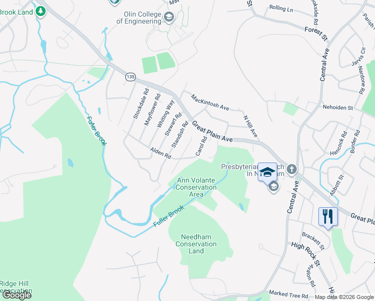 map of restaurants, bars, coffee shops, grocery stores, and more near 30 Brewster Drive in Needham