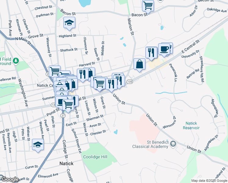map of restaurants, bars, coffee shops, grocery stores, and more near 69 East Central Street in Natick