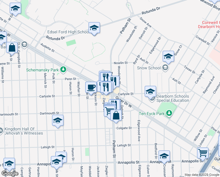 map of restaurants, bars, coffee shops, grocery stores, and more near 3544 Pelham Street in Dearborn
