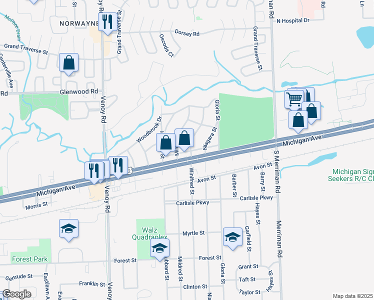 map of restaurants, bars, coffee shops, grocery stores, and more near 3236 Winifred Street in Wayne