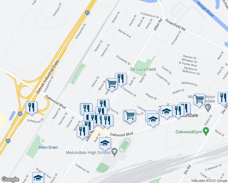 map of restaurants, bars, coffee shops, grocery stores, and more near 17945 Allen Road in Melvindale