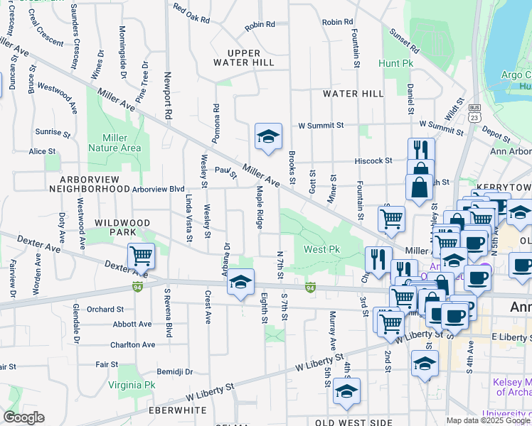 map of restaurants, bars, coffee shops, grocery stores, and more near 314 Maple Ridge in Ann Arbor