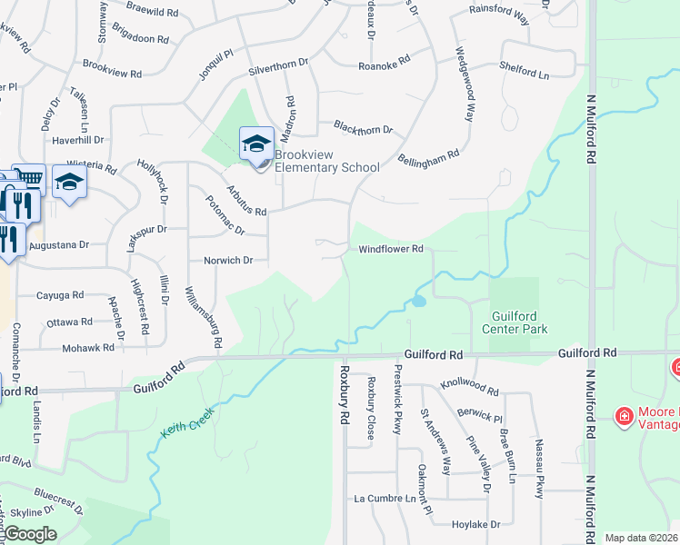 map of restaurants, bars, coffee shops, grocery stores, and more near 5382 Guilford Road in Rockford