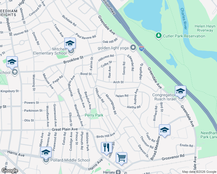 map of restaurants, bars, coffee shops, grocery stores, and more near 181 Highgate Street in Needham