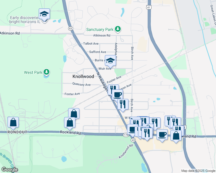 map of restaurants, bars, coffee shops, grocery stores, and more near 217 Waukegan Road in Lake Bluff