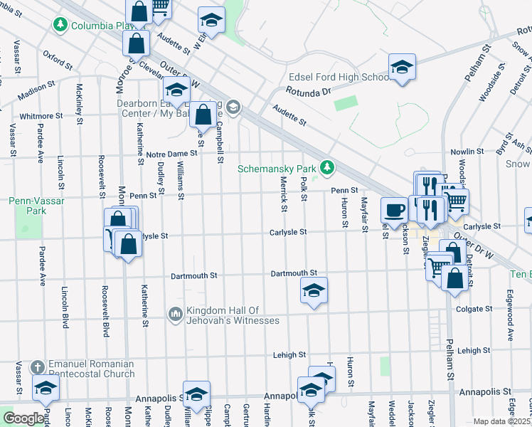 map of restaurants, bars, coffee shops, grocery stores, and more near 3605 Harding Street in Dearborn