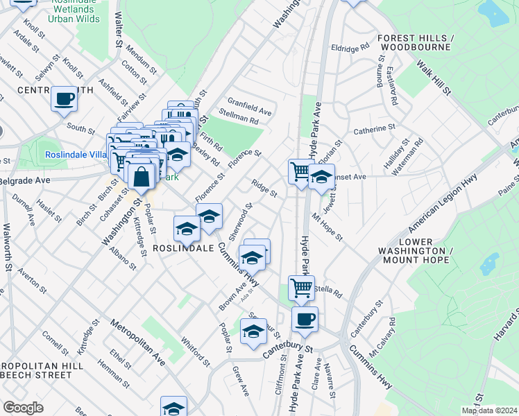map of restaurants, bars, coffee shops, grocery stores, and more near 24 Gardenside Street in Boston