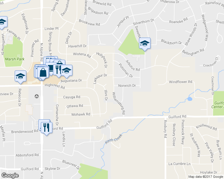 map of restaurants, bars, coffee shops, grocery stores, and more near 1480 Williamsburg Road in Rockford